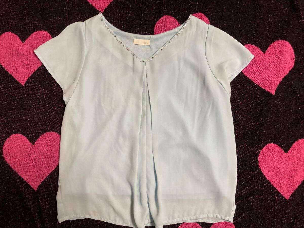INDEX★半袖ブラウス シャツ カットソー ビジュー付き シフォン 無地 OL オフィス M ペールブルー拍卖