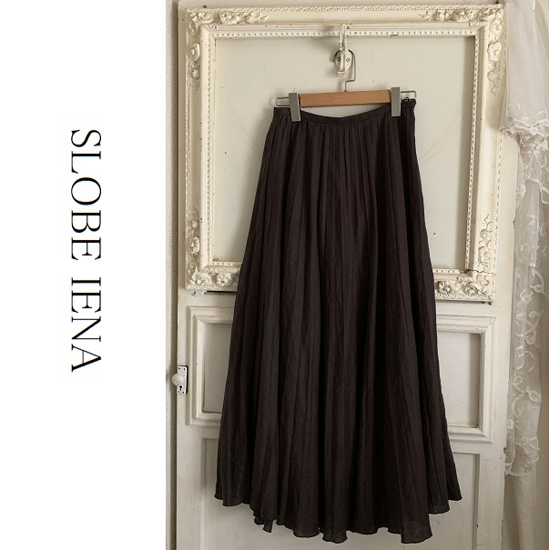 スローブイエナ MAX PLEATS 麻100% リネン プリーツスカート ロングフレア マキシ丈 ブラウン茶 IENA SLOBE 拍卖