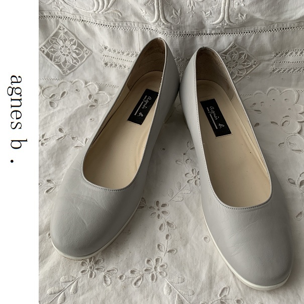 agnes b アニエスベー 本革 レザー ラウンドトゥ プレーンパンプス ライトグレー×白ホワイト 23,5cm レディース靴拍卖