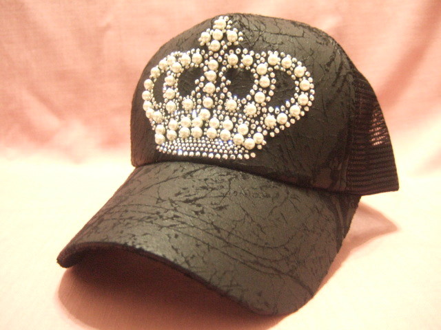 s横浜最新 銀ラメ王冠♪パール風クラウン メッシュキャップ黒 送料無料ξmcaξξ30s拍卖