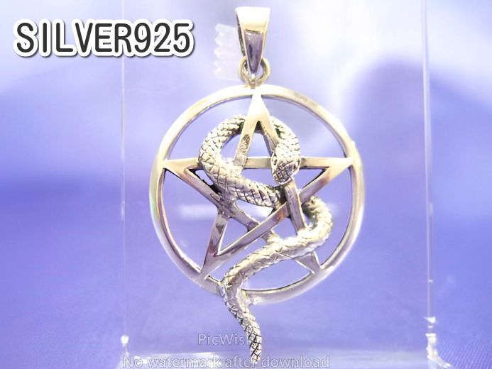 横浜最新 シルバーSILVER925銀ペンダント☆魅惑の五芒星スネーク 5.3グラム 巾26ミリ 守護魔除けペンタグラム 送料無料ξgtξ ξ9☆拍卖