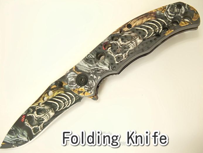 横浜最新 鑑賞用 折り畳みナイフ♪魅惑のドクロ アートナイフ アウトドアキャンプ スチール製 全長20センチ 送料無料ξazξξ35拍卖