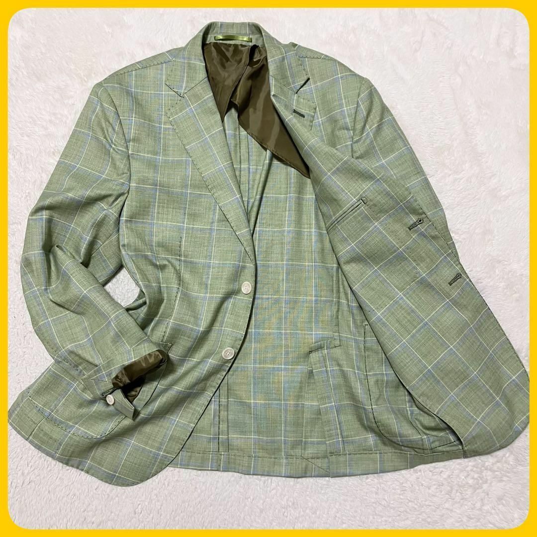 未使用級 大きめ シルク混 テーラード ジャケット チェック 本切羽 春夏 52拍卖