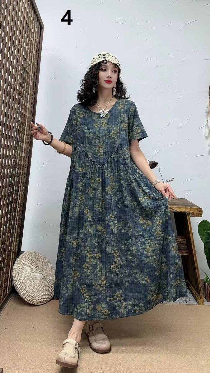 新作人気ワンピース ゆったり ふんわり アンティーク風 ロマンファッション 綿100% 花柄お色選択可 拍卖