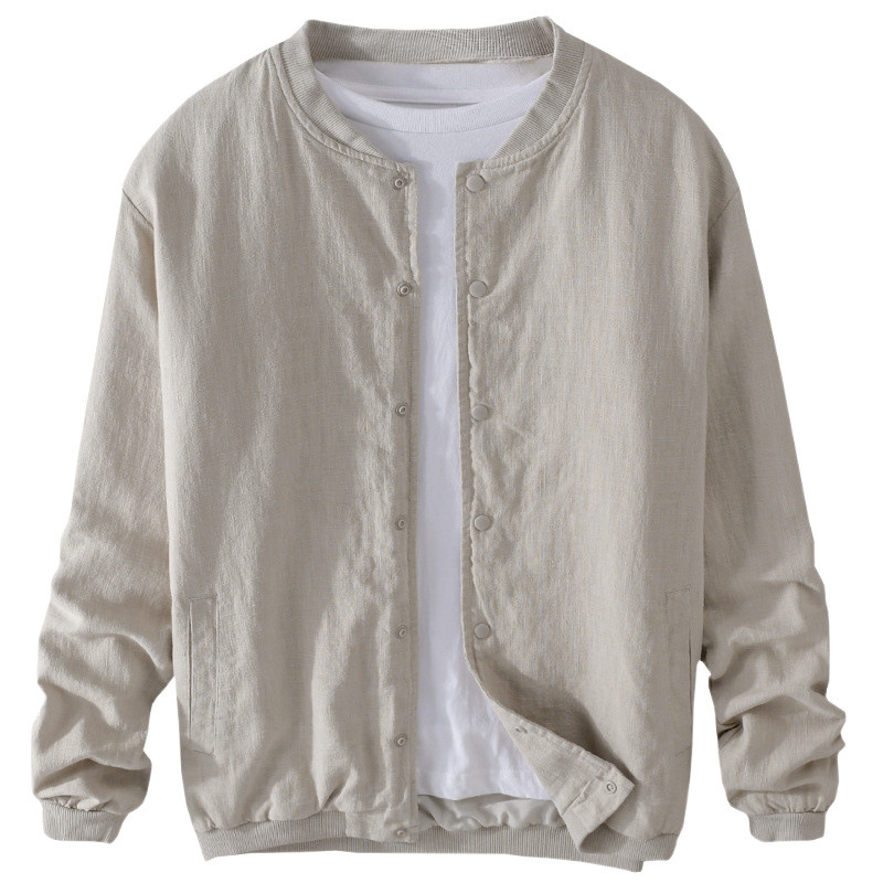 新品リネンジャケット 綿麻 ジャンバー 無地 立ち襟 野球服 アウター ブルゾン メンズ フライトジャケット カジュアル ベージュ XL拍卖