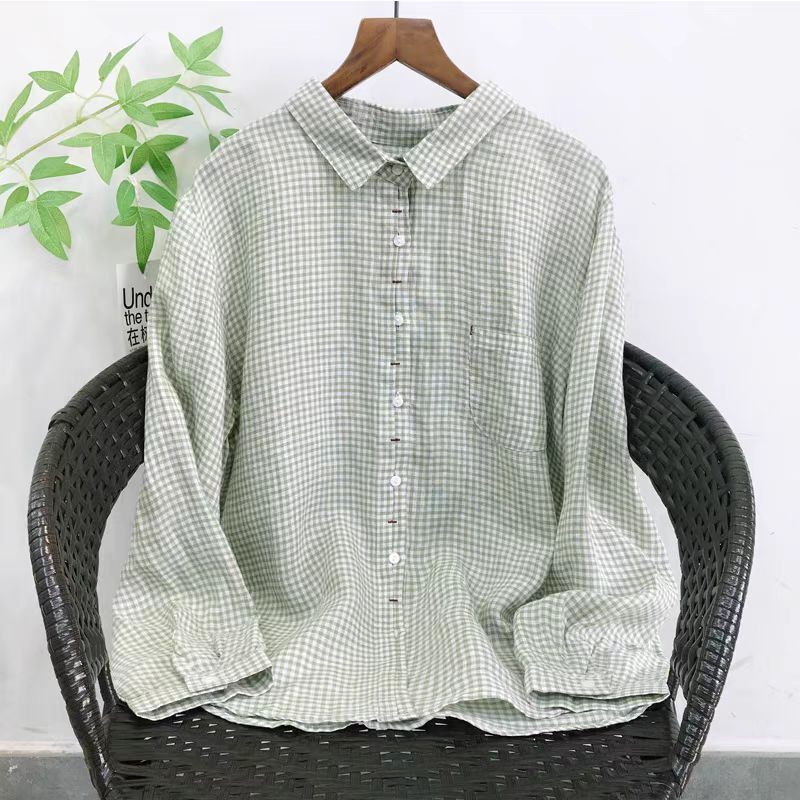 新品チュニック ワイシャツ チェック柄 麻100%リネン ゆったり オシャレ フリーサイズ ナチュラル お色選択可 拍卖