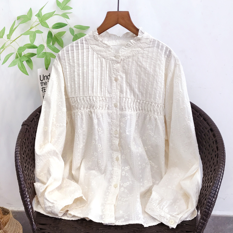 新品ヒダ 刺花柄 ゆったり フリーサイズ ワイシャツ チュニック トップス 綿100% 大人可愛 ナチュラル お色選択可拍卖