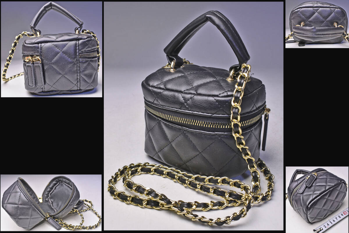 キルティング ショルダーポーチ ★ ゴールドチェーンショルダー ★ 黒 ★ 丸型 ★ 小型 ★ ファスナー付き ★ ファッション雑貨 ★中古品 拍卖