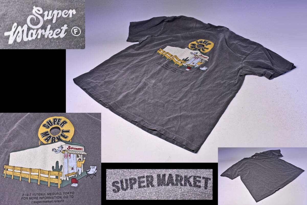 SUPER MARKET ★ バックプリント 半袖 Tシャツ ★ チャコールグレー ★ フリーサイズ ★ オリジナル ★ 祐天寺 ★ 古着感 ★ 中古品 ★拍卖