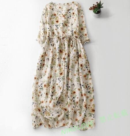 新品オシャレ 花柄 ワンピース 半袖 きれいめ 夏 ロングワンピース 大人可愛い プリント柄 ミモレ丈 ワンピース サイズ選択可 LC234拍卖