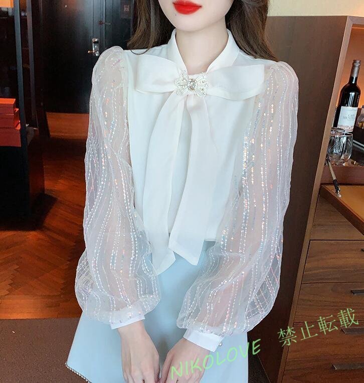 ☆上品レディース シャツブラウス 着心地抜群 20代30代40代 きれいめ sexy ボウタイ装飾 あんず色 LL095拍卖