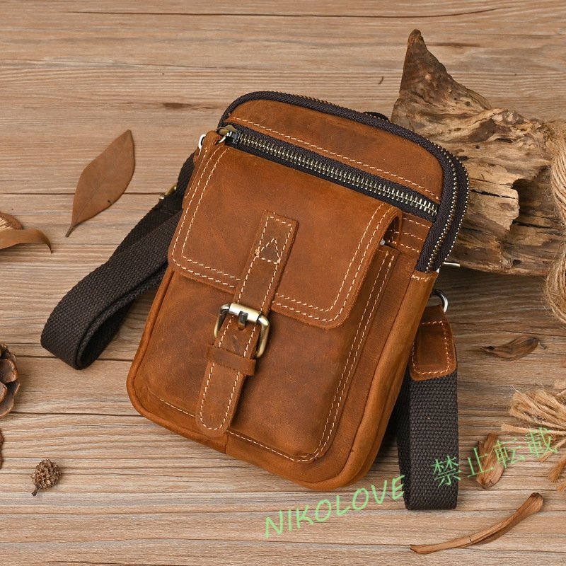 新品 2way ヒップバッグ ウエストバッグ ショルダーバッグ メンズ バッグ 牛革 本革 クレイジーホースレザー 斜めがけ 通勤 仕事 ブラウン拍卖