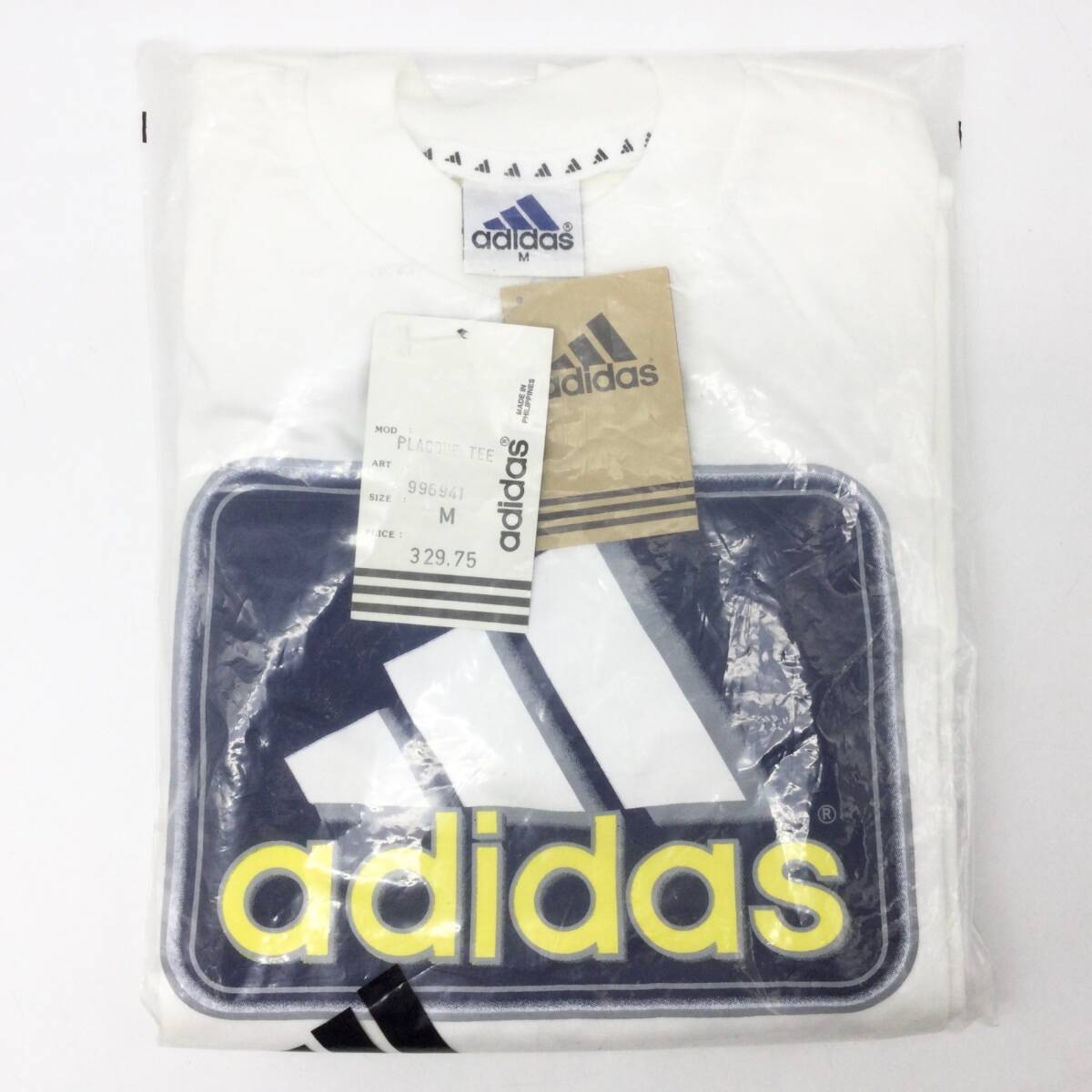 5309 【デッドストック】adidas アディダス Tシャツ M 白 ネイビー×イエロー ロゴプリント 90s 00s PLACQUE TEE パフォーマンスロゴ拍卖