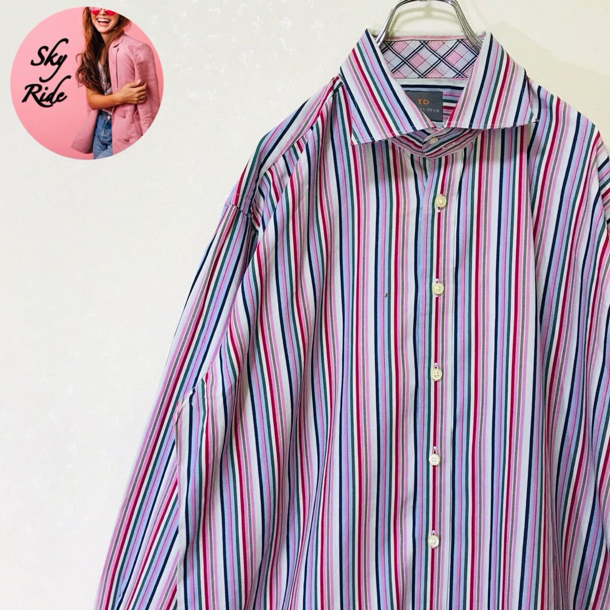 THOMAS DEAN トーマスディーン メンズ ビッグシルエット 長袖シャツ マルチストライプ 2XLT 古着 #TT0197拍卖
