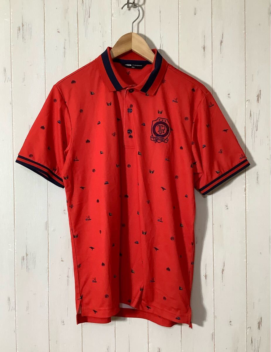 こ1607 TIGORA ティゴラ 総柄 メッシュ半袖ポロシャツ L レッド ドライ 速乾 ロゴ刺繍拍卖