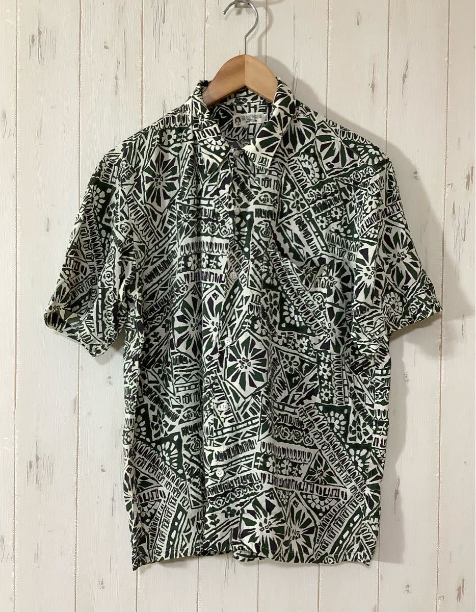 え1666 MEN'S CLUB メンズクラブ 総柄 半袖シャツ M グリーン系 拍卖