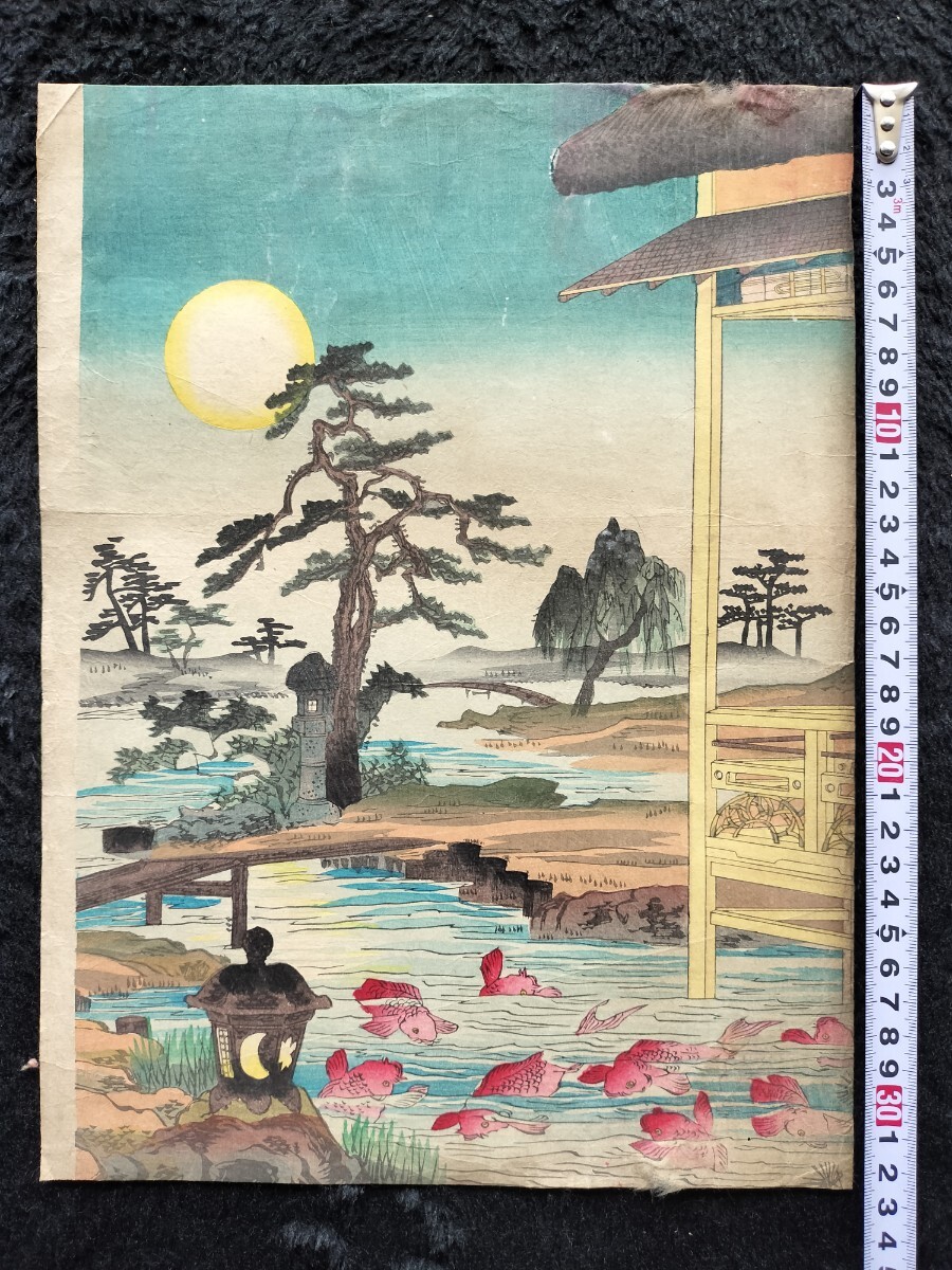 涼やか 金魚 池泉庭園 明治期/真作 楊斎延一「富家別荘秋月見」中 本物浮世絵木版画 美人画 錦絵 大判拍卖