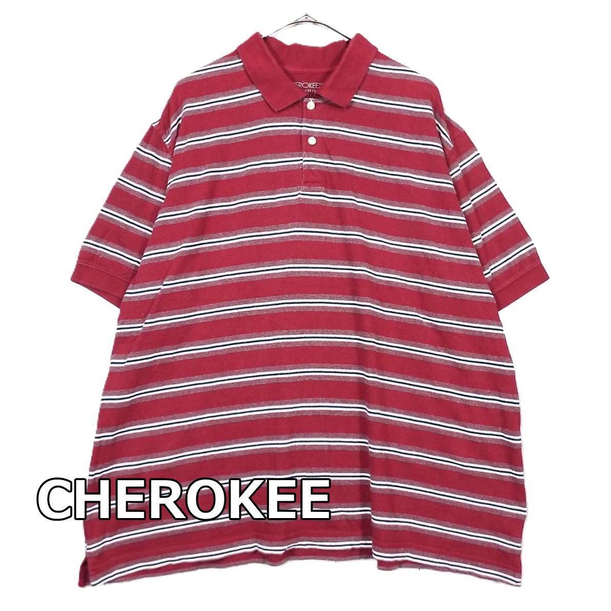 【US古着 肩幅51.5cm】CHEROKEE チェロキー ボーダー柄 鹿の子 半袖ポロシャツ XL ワインレッド コットン100% アメカジ ゆるだぼ メンズ 拍卖
