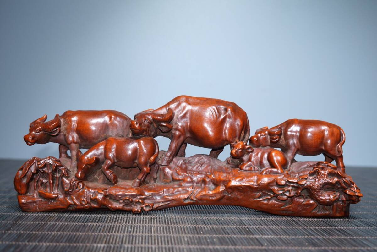 【超珍館蔵】黄楊木製 細密彫 五牛 置物 賞物 古賞物 古美術品 稀少珍蔵品拍卖