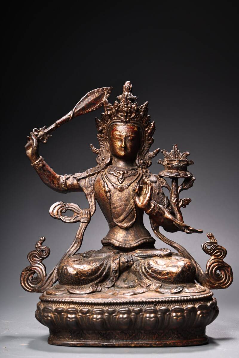 【超珍館蔵】銅製 泥金 文殊菩薩像 仏教古美術 供養品 古賞物 古美術品 稀少珍蔵品拍卖