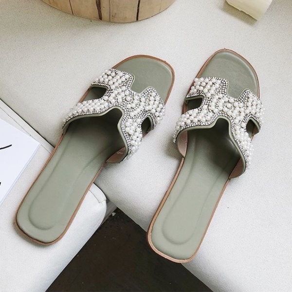 送料無料★新品 サマーサンダル パール ビジュー サンダル 履きやすい 可愛い 華やか おしゃれ★39/モスグリーン拍卖