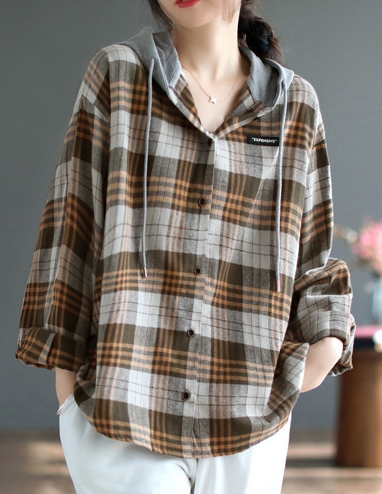 送料無料★新品 ゆったり フード付き チェック 長袖トップス 薄手 アウター ナチュラル カジュアル レディース★ブラウン拍卖