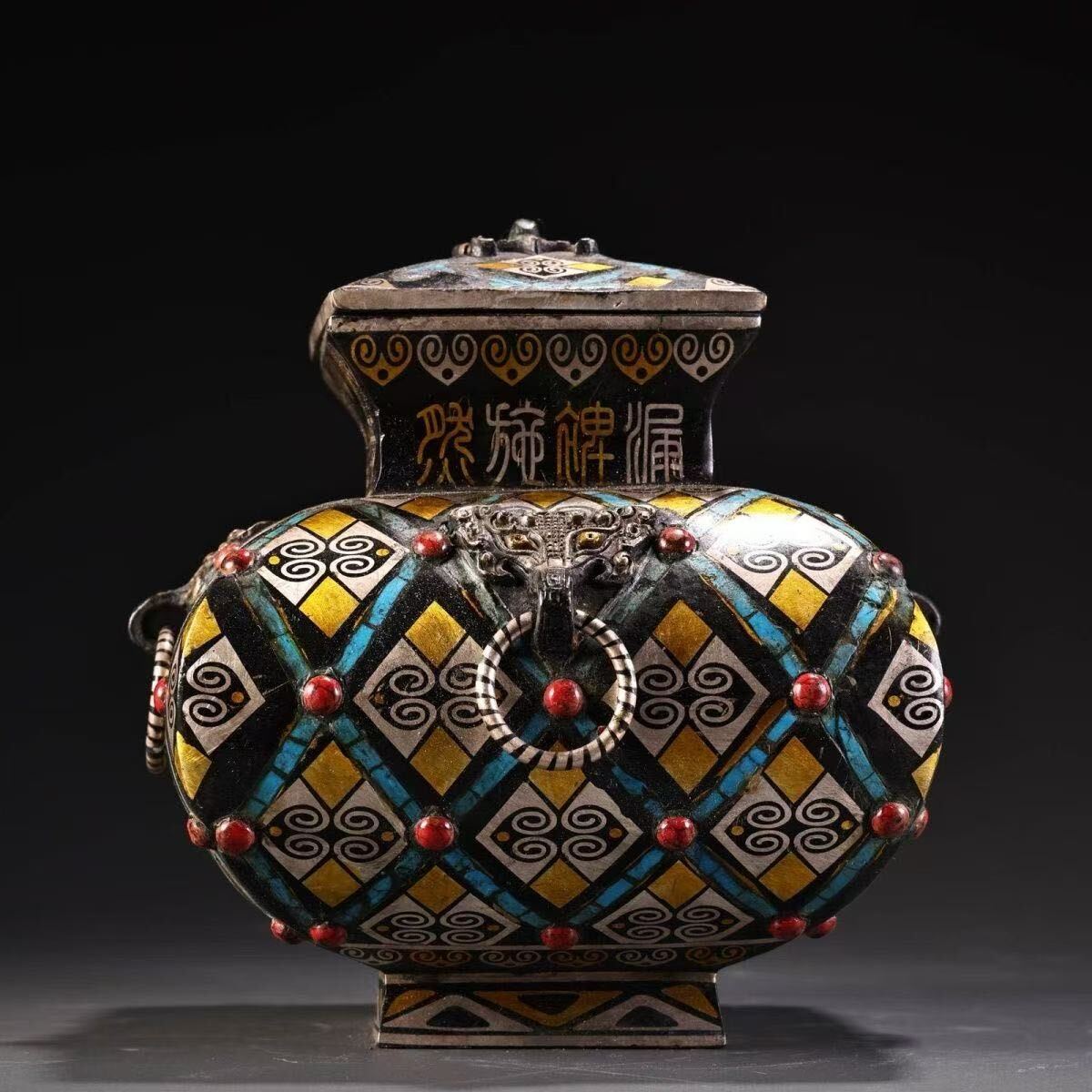 【伝世蔵品】中国古美術 漢代純銅塗金錯金緑松石四方缶インテリア 極細工彫刻 唐物 時代物 漢代花器 開運 風水置物古賞物 収蔵品放出拍卖