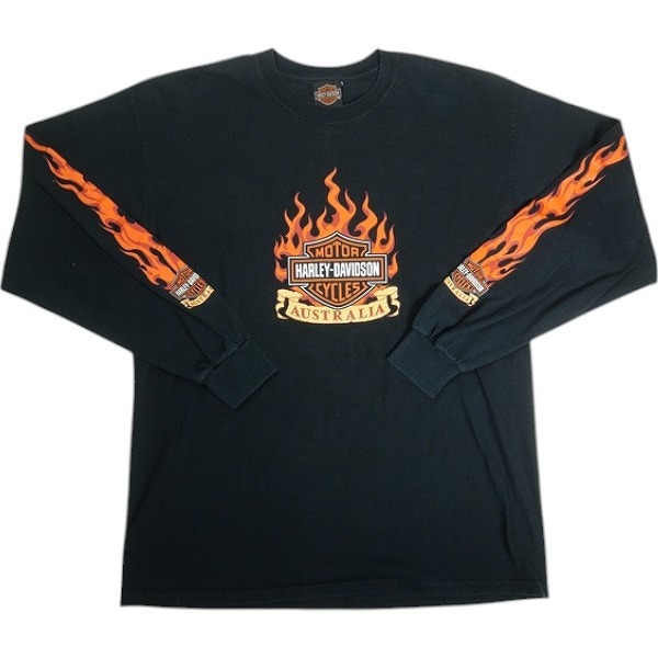 VINTAGE ヴィンテージ Harley Davidson Australia Flame Emblem LS Tee ロンT 黒 Size 【L】 【中古品-良い】 20818609拍卖