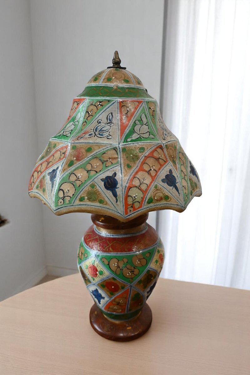 ○ラクダ皮 キャメル ランプ グリーンのお花柄のスタンドライト 照明 エキゾチック レトロ ヴィンテージ 古道具のgplus広島 2505i拍卖