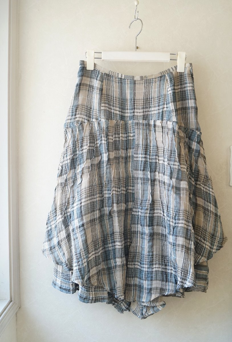 ★io comme io/センソユニコ*春夏 リネンコットン ガーゼチェックスカート ブルー×ベージュ茶系/38* 古着のgplus広島 2505t3拍卖