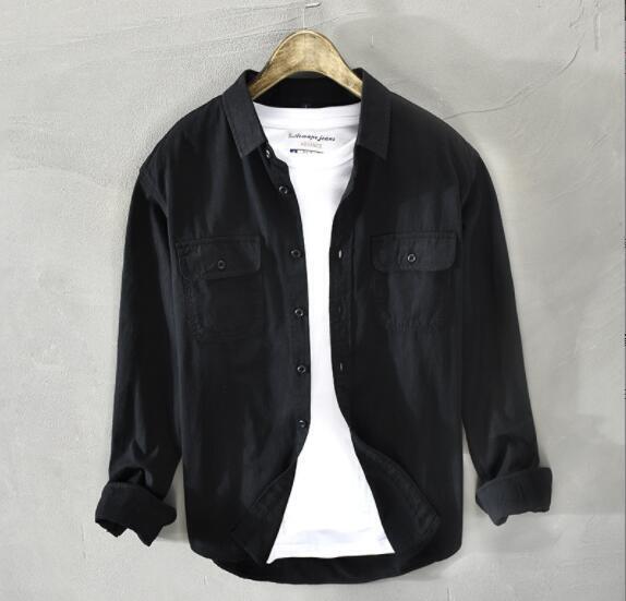 春新品特売☆メンズシャツ 長袖シャツ 無地シャツ ワークシャツ ミリタリー ジャケット 胸ポケット カジュアル 選択可 ブラック拍卖