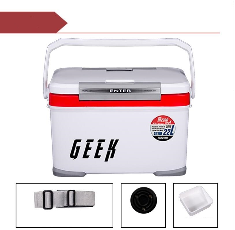 人気品釣り用クーラーボックス 容量22L 座れる頑丈マッスルボディ 防水 断熱材保温保冷 ハンドル/水栓/肩ベルト付き釣り保冷力48h 白赤拍卖
