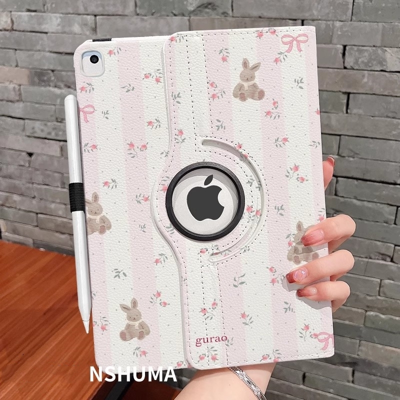 iPad Air (M2)ケース iPad Air6 11インチ ケース保護カバー スタンドタイプ 360度回転 ペン入れ ハンドストラップ付き花柄 うさぎ かわいい拍卖