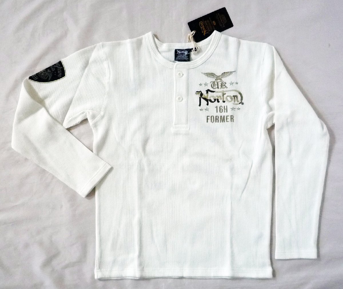 ノートン NORTON 長袖Tシャツ ヘンリーネック ワッフル編み 2つボタン 刺繍 Mサイズ ホワイト 白拍卖