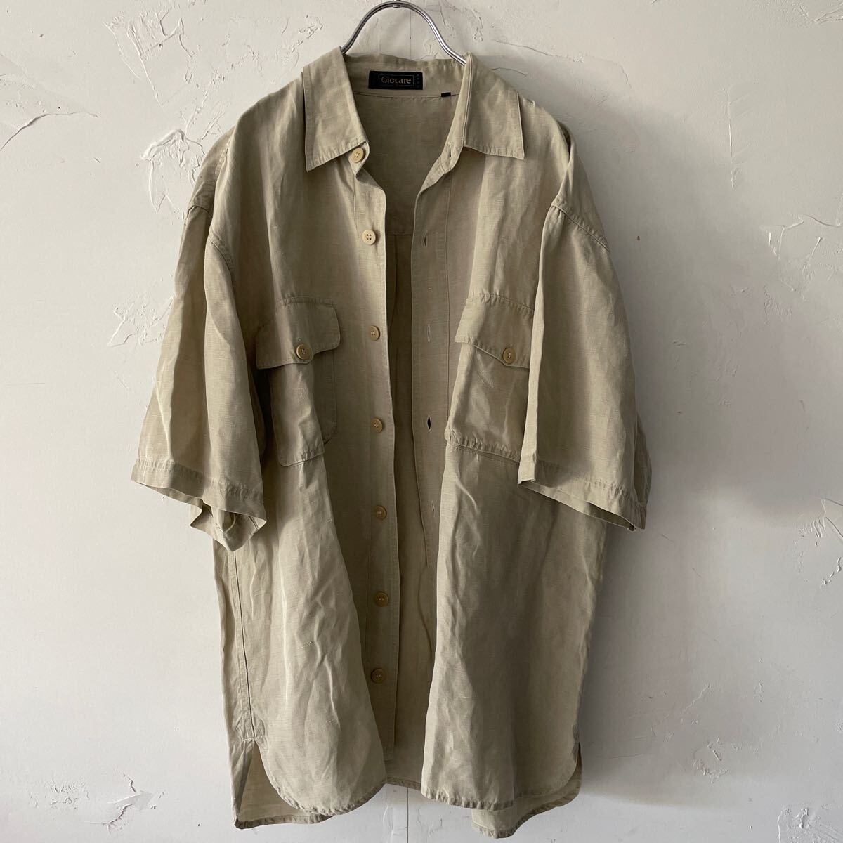 ヴィンテージ シルク50% リネン50% 半袖ワークシャツ 5 バックタックシャツ グレージュ フラップポケット L オーバーサイズ メンズ古着拍卖