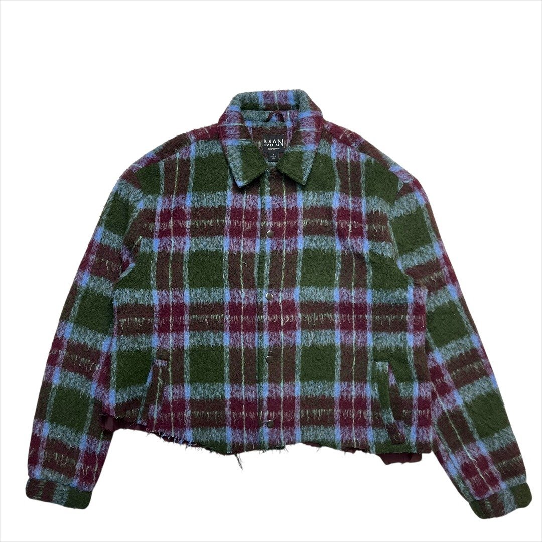 【訳アリ】 Vintage boohooMAN シャギー チェック 裾カットオフ シャツ 長袖 チェック 古着 メンズ L ヴィンテージ ビンテージ拍卖