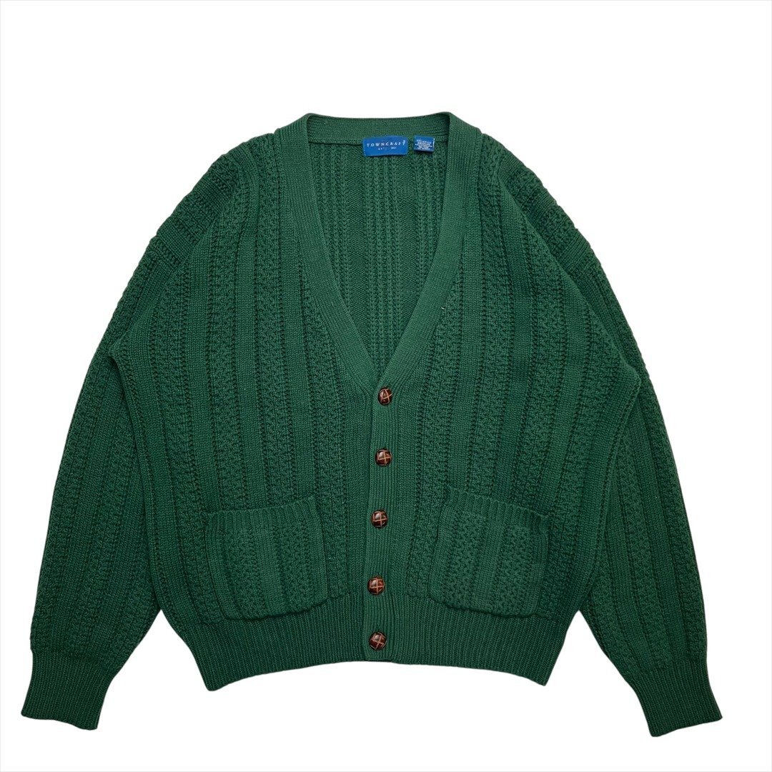 80s-90s Vintage 青タグ TOWN CRAFT タウンクラフト ニット カーディガン グリーン 古着 メンズ M くるみボタン ヴィンテージ ビンテージ拍卖
