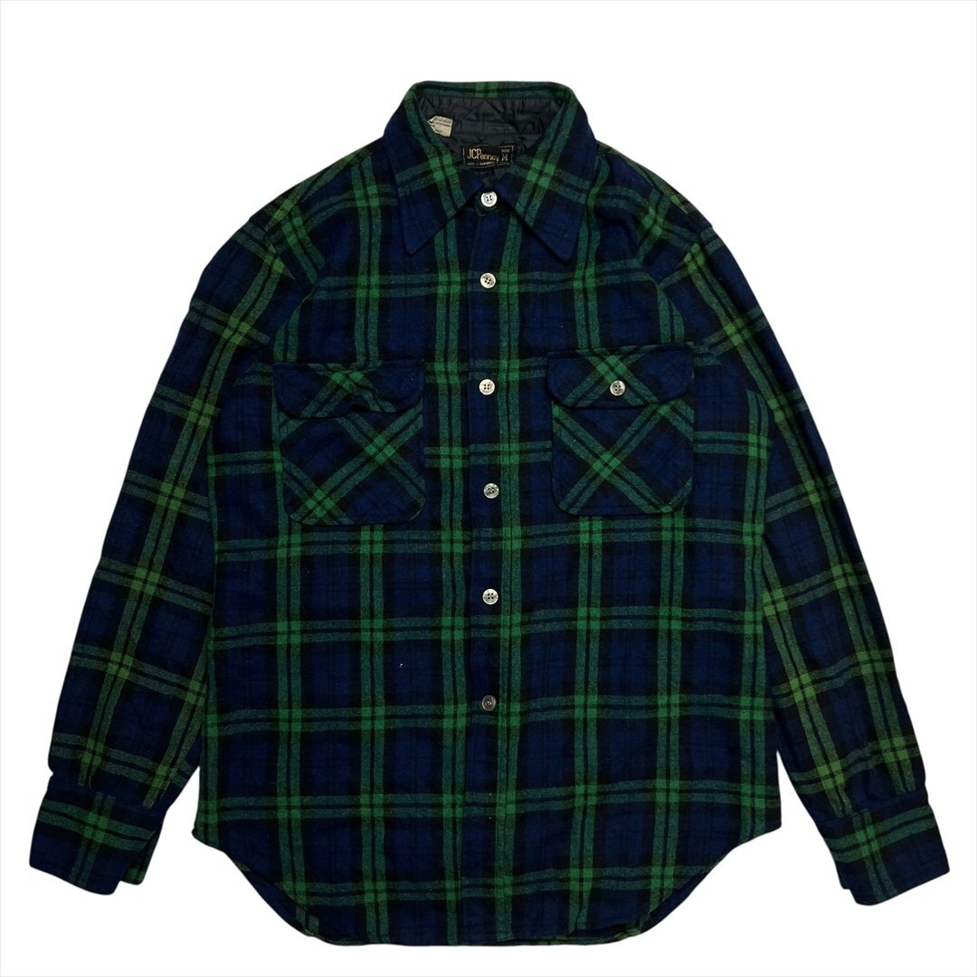80s-90s Vintage JCPenney フランネル ウール シャツ 長袖 チェック 古着 メンズ M ブラックウォッチ ネルシャツ ヴィンテージ拍卖
