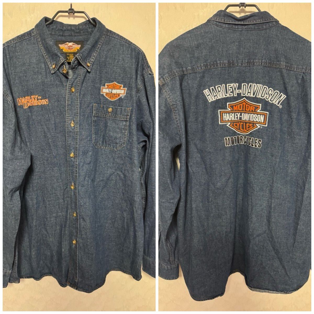 ハーレーダビッドソン HD デニムシャツ 長袖 XLサイズ 刺繍ロゴ ボタン欠 Harley-Davidson拍卖