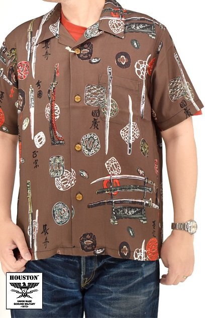 レーヨンアロハシャツ「日本刀」◆HOUSTON ブラウン XLサイズ 41203 ヒューストン 和柄 和風 ハワイアン拍卖