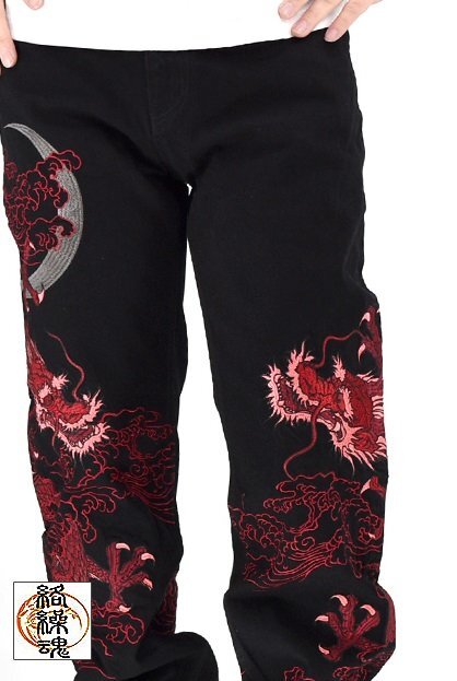 粋 月光双龍デニムパンツ◆絡繰魂 ブラック 40inch 40インチ 252240 和柄 和風 竜 ジーンズ 刺繍 からくり拍卖