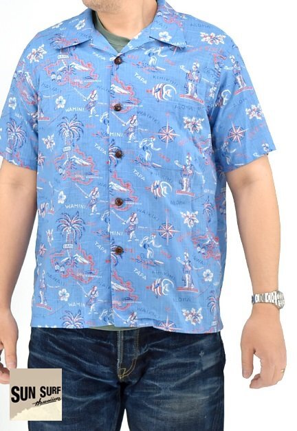 「HELE-MAI-E」コットンリネンスラブヤーン オープンシャツ ◆SUN SURF ブルー Mサイズ SS39501 サンサーフ ハワイアン アロハシャツ拍卖