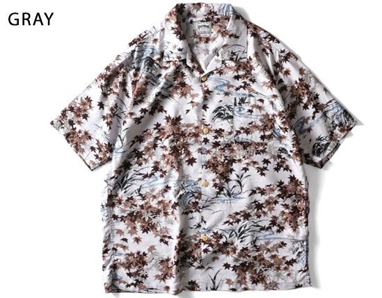 日本製レーヨンアロハシャツ「紅葉」◆HOUSTON グレー XXLサイズ 41166 ヒューストン 和柄 和風 ハワイアン 国産拍卖