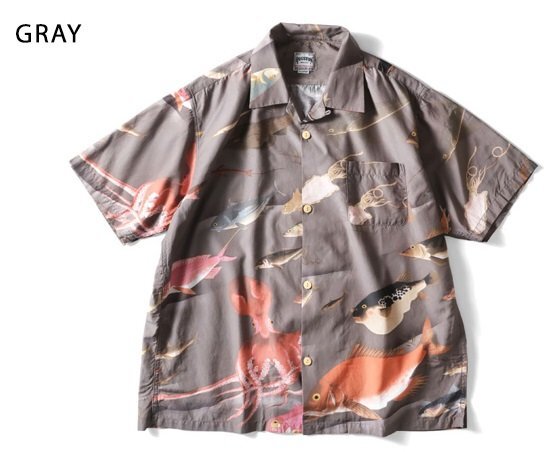 日本製コットンレーヨンアロハシャツ「伊藤若冲・魚尽くし」◆HOUSTON グレー XLサイズ 41170 ヒューストン 和柄 和風 ハワイアン 国産拍卖