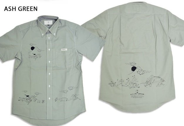 鬼ごっこオックス半袖シャツ◆喜人 アッシュグリーン XXLサイズ KJ-52401 和柄 和風 鳥獣戯画 兎 蛙 きじん拍卖