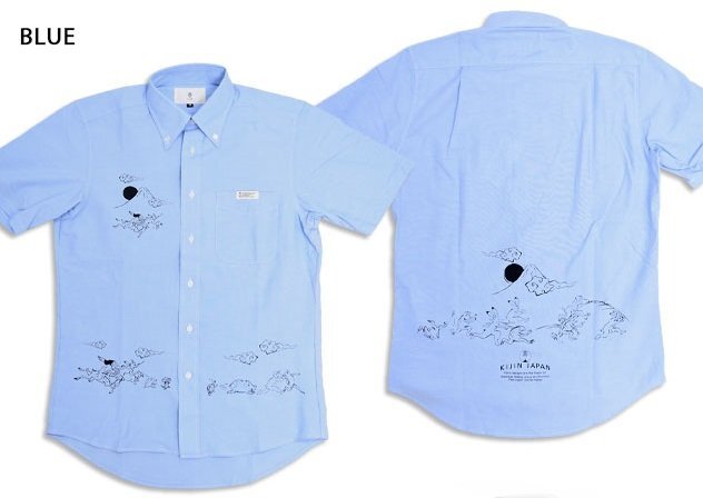 鬼ごっこオックス半袖シャツ◆喜人 ブルー XXLサイズ KJ-52401 和柄 和風 鳥獣戯画 兎 蛙 きじん拍卖