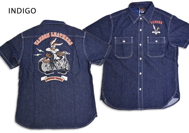 vanson×LOONEY ネップデニム半袖シャツ◆vanson インディゴ XLサイズ LTV-2507 バンソン ヴァンソン 刺繍 ワイリーコヨーテ拍卖