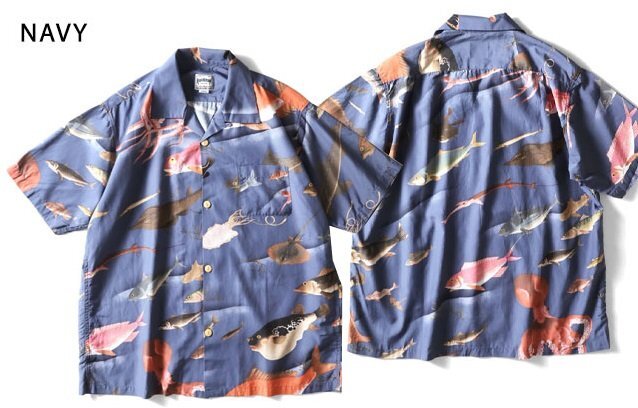 日本製コットンレーヨンアロハシャツ「伊藤若冲・魚尽くし」◆HOUSTON ネイビー Lサイズ 41170 ヒューストン 和柄 和風 ハワイアン 国産拍卖