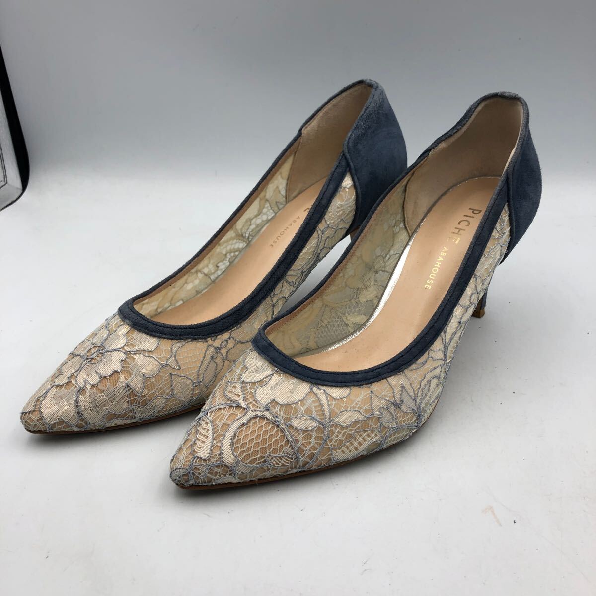 O882 PICHE ABAHOUSE レディース パンプス 38 約 24cm ネイビー ホワイト レース シースルー 日本製拍卖