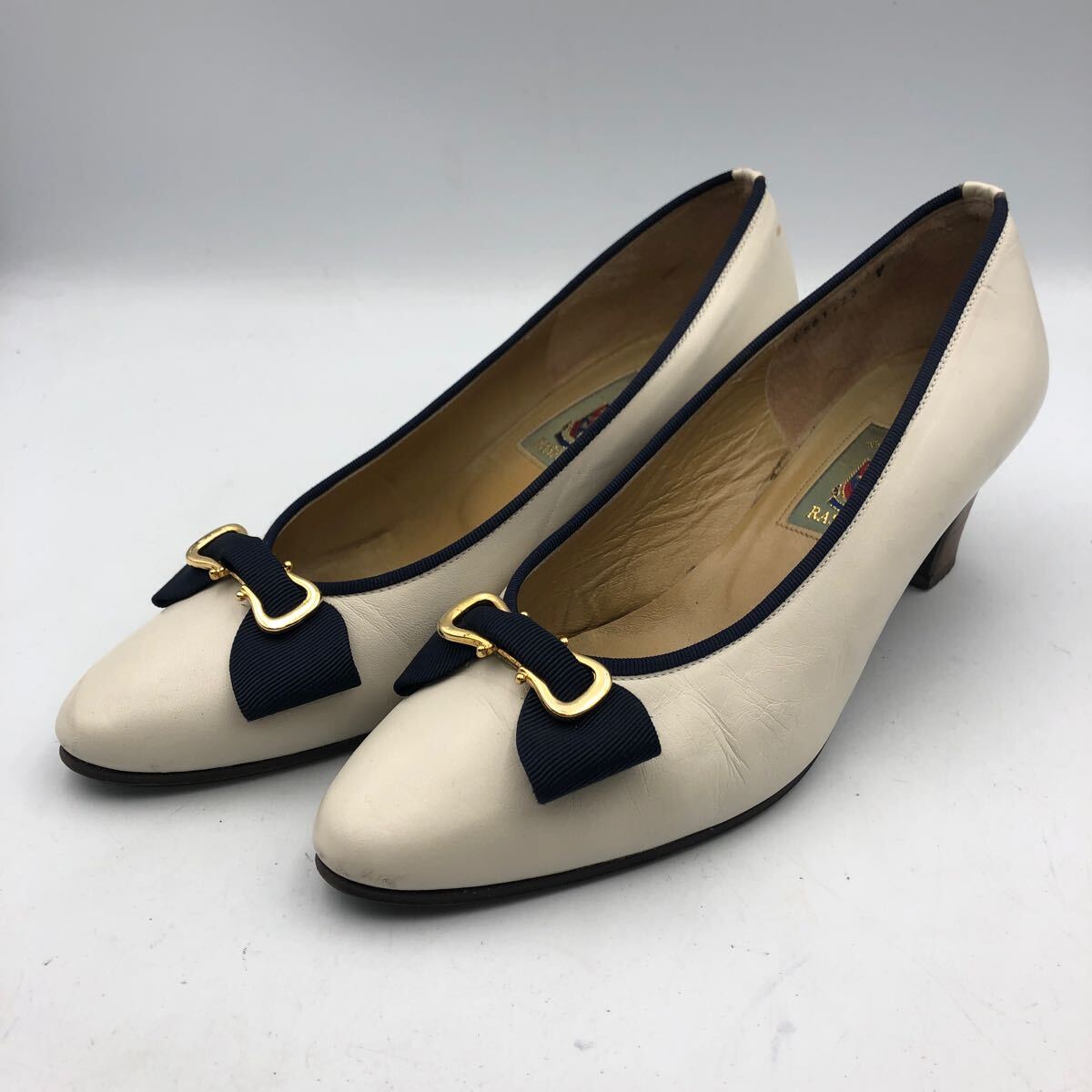 P140 日本製 RASPINI ラスピーニ レディース パンプス 23cm ホワイト ネイビー レザー拍卖